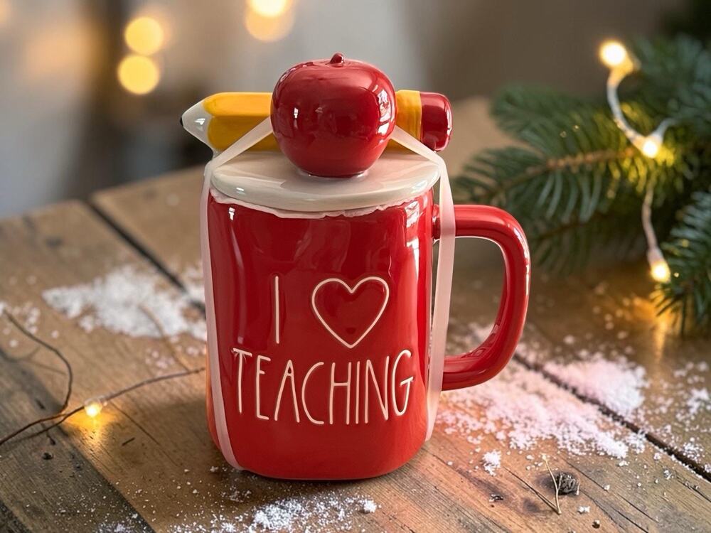 Rae Dunn Red Ceramic "I Heart Teaching" Coffee Mug 18oz w/ Lid Apple Pencil